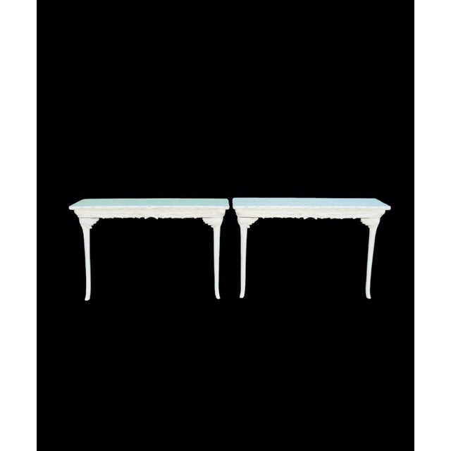 Serge Roche Vintage Serge Roche White Carved Leaf Palm Beach Regency 2 Leg Console Table- a Pair For Sale - Image 4 of 11