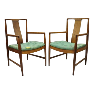 Vintage Mid Century Modern John Stuart Style Walnut Curve Back Dining Arm Chairs, Pair
