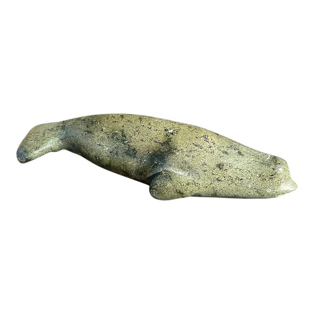 Vintage Canadian Inuit Beluga Whale Serpentine Stone Carving by Nooshoota Paduq (1979) For Sale