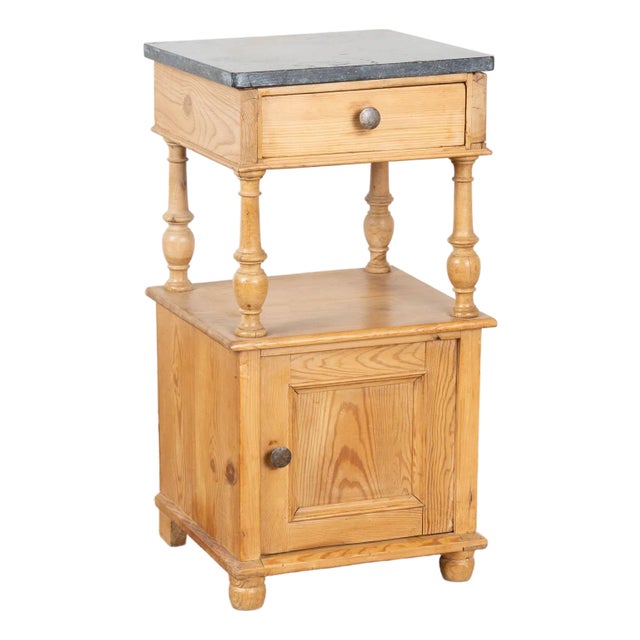 Early 20th Century Small Pine Nightstand With Marble Top and Shelf For Sale