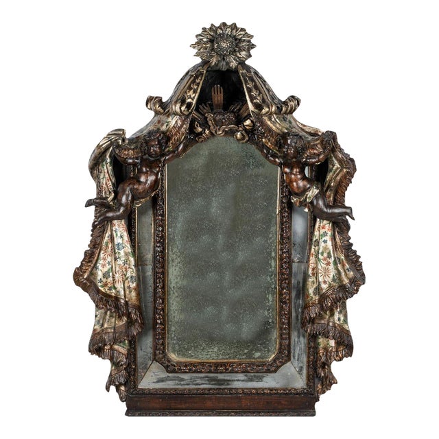 Late 18th Century Italian Venetian Hand Carved Wood Mirror W/ Putti & Drapery For Sale
