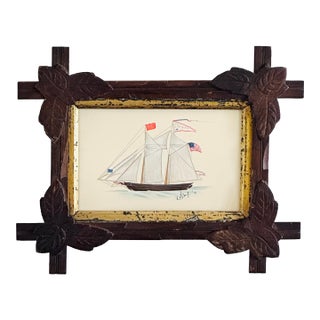 Original Hand-Painted Sailboat Painting in a Vintage Folk Frame For Sale