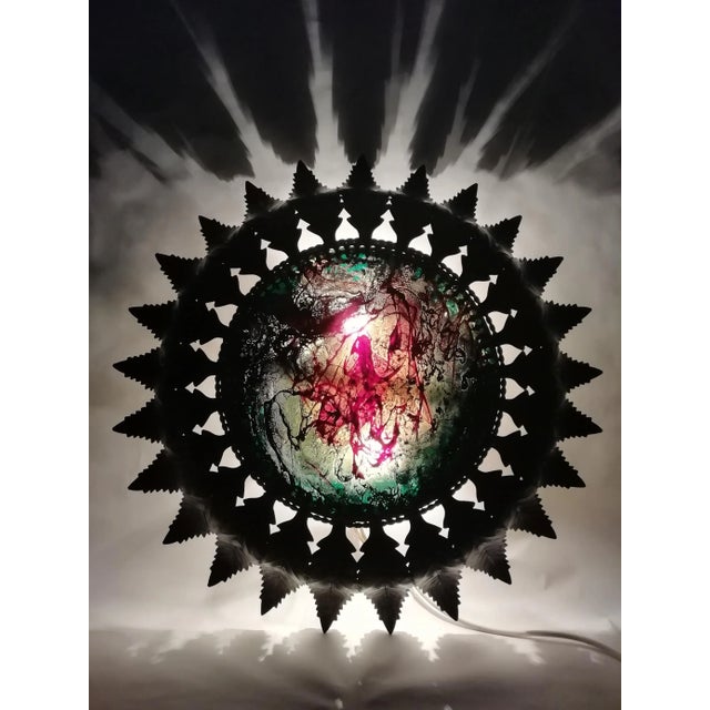 Industrial Vintage Metal & Painted Glass Sconce For Sale - Image 3 of 11