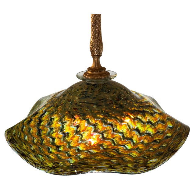 Ruffled Swirled Multicolor Green Art Glass and Brass Tone Pendant Light Signed R. Mynatt For Sale - Image 15 of 18