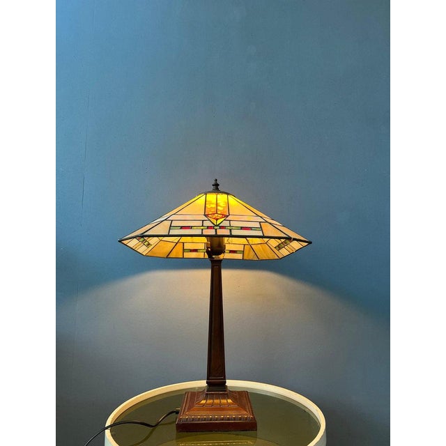 Glass Art Deco Tiffany Style Table Lamp with Stained Glass Shade For Sale - Image 7 of 9