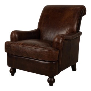 Lazzaro Brown Leather Club Chair With Nailhead Trim and Turned Wood Legs For Sale