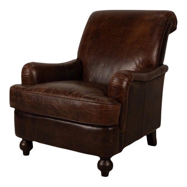 Lazzaro Brown Leather Club Chair With Nailhead Trim and Turned Wood Legs For Sale