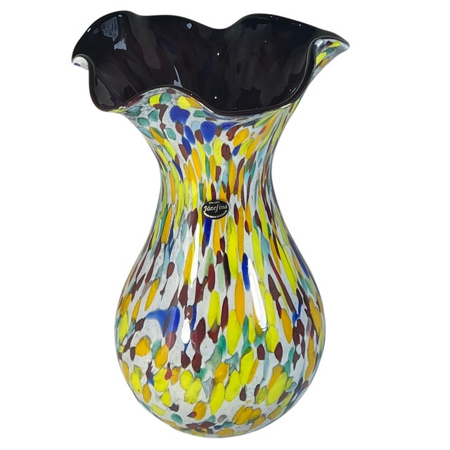 Glass 15+ In. Tall Bulbous Multicolor Ruffled Art Glass Confetti Multicolor Vase For Sale - Image 7 of 18