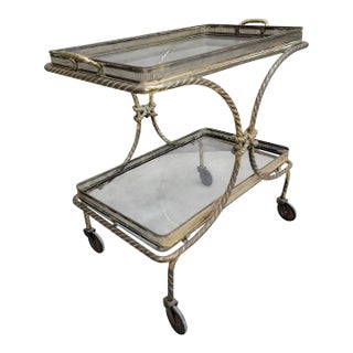 Vintage French Bagues Style Brass Rope Bar Cart With Removable Tray For Sale