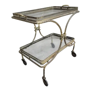 Vintage French Bagues Style Brass Rope Bar Cart With Removable Tray