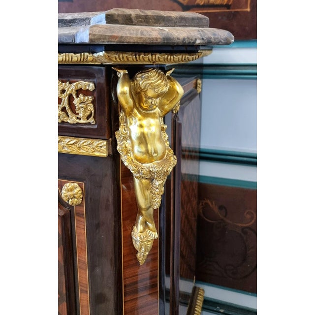 French Louis XVI Style Sideboard – Heavy Wood, Marble Top, Gilded Bronze & Central Scenic Panel For Sale - Image 4 of 5