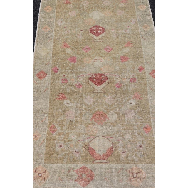 Textile Vintage Turkish Oushak in Colorful Floral Designs Set on Sand-Green Field 2'8" X 4'9" For Sale - Image 7 of 10