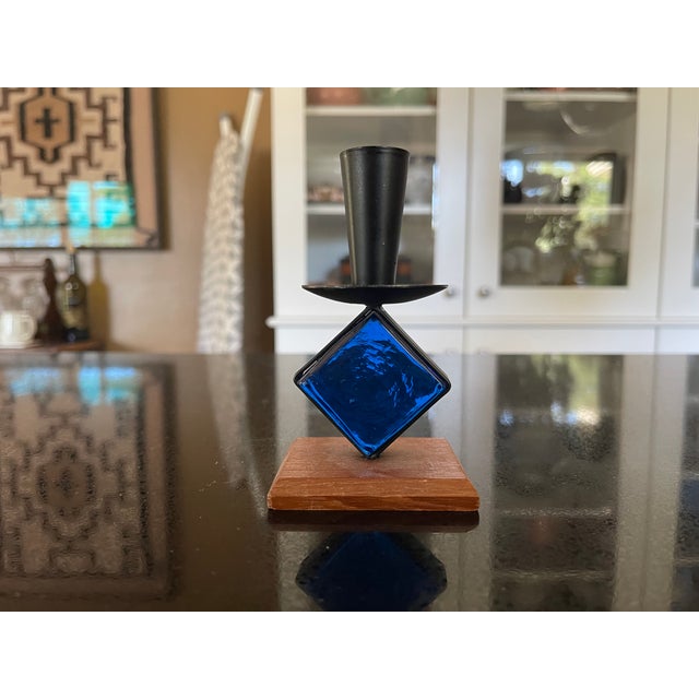 Mid Century Sweden Blue Glass Candlestick by Bo Svensk Erik Hoglund Teak Base & Iron For Sale - Image 4 of 4