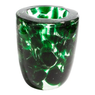Hand Blown Murano Vase With Emerald Green Details For Sale