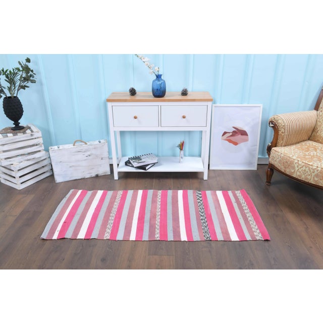 Boho Chic Vintage Turkish Hand-Knotted Wool Cotton Pink Kilim Runner Rug For Sale - Image 3 of 10
