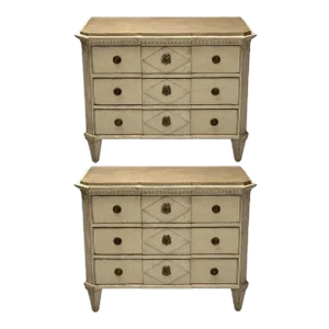 Gustavian, Swedish Commodes, Beige Paint Distressed, Brass, Sweden, 19th C.