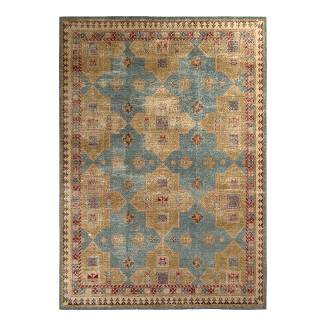 Rug & Kilim’s Oversized Distressed Christo Rug in Gold and Blue, 12x18 For Sale