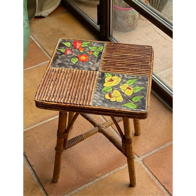 Coffee Table in Rattan and Ceramic attributed to Audoux and Minet attributed to Adrien Audoux & Frida Minet, 1950s For Sale - Image 9 of 15