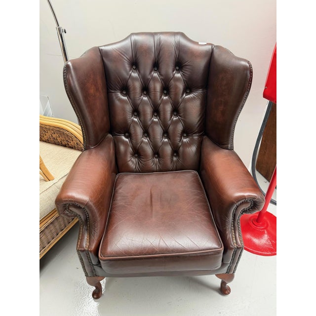 Brown Leather Wing Chair, 1980s For Sale - Image 3 of 6