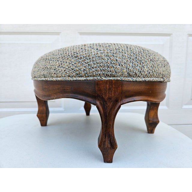 Blue and Brown Tweed Upholstered Oval Footstool For Sale - Image 6 of 12