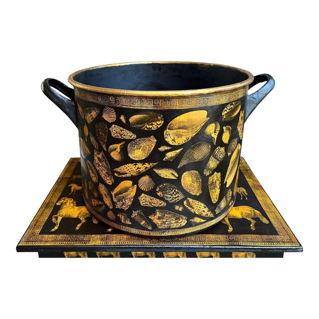 Large Antique English Planter Cachepot Black Metal Lacquer Shell Decoupage C1890 For Sale