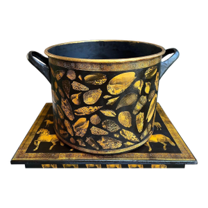 Large Antique English Planter Cachepot Black Metal Lacquer Shell Decoupage C1890