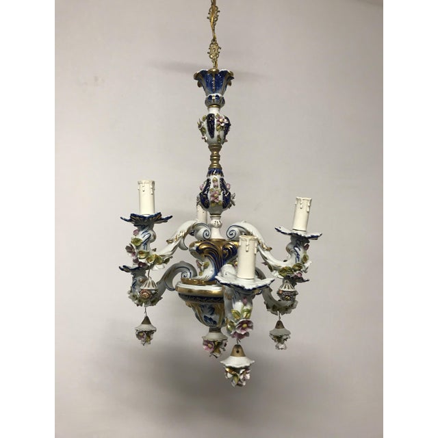 - French porcelain chandelier - Pastel colors mixed with a royal blue gold theme - handcrafted porcelain flowers -...