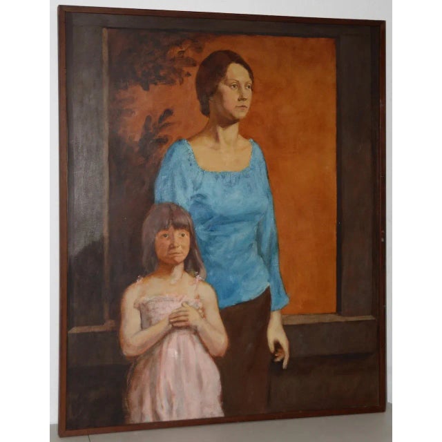 Vintage Oil Portrait of a Young Mother and Daughter C.1979 For Sale - Image 9 of 9