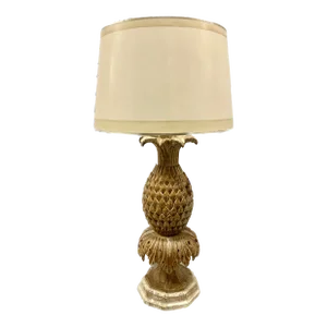 Mid 20th Century Carved Wood Pinaple Lamp With White Gold Detail With Lampshade