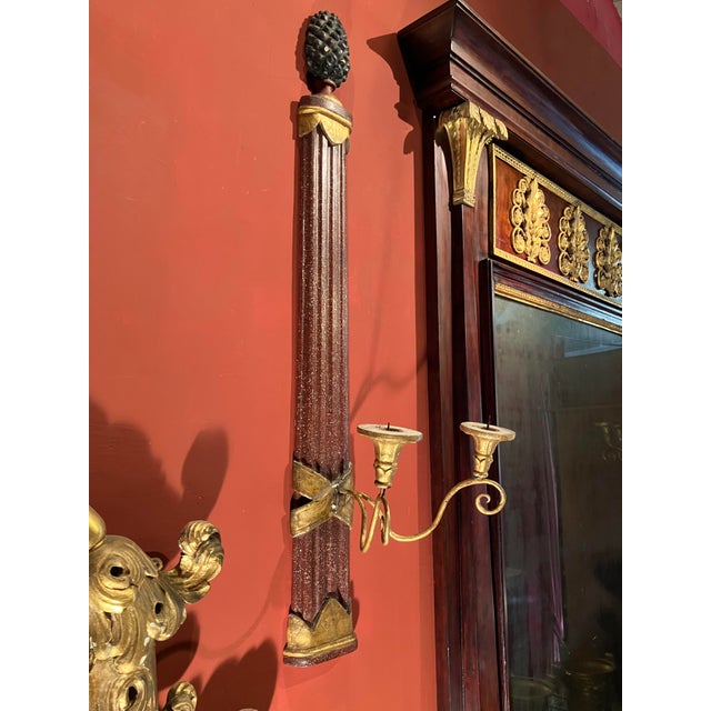 Large Tuscan Empire Giltwood and Faux Porphyry Wall Sconces, Set of 2 For Sale - Image 6 of 15
