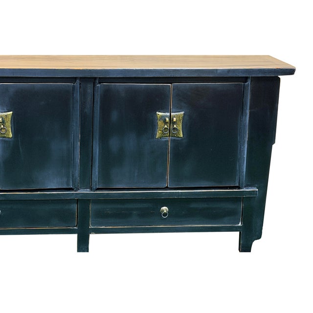 Vintage Distressed Black Hardware Credenza Console Sideboard Cabinet For Sale - Image 9 of 17