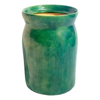 Vintage Green Hand Made Folk Art Glazed Terracotta Olive Jar For Sale