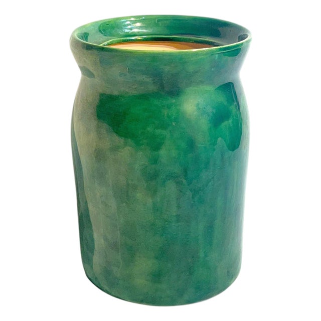Vintage Green Hand Made Folk Art Glazed Terracotta Olive Jar For Sale