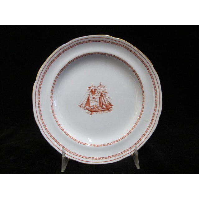 Spode Copeland Trade Winds bread and butter plate set of 2. Red design with gold trim showing Ship Brig Built 1820 design....