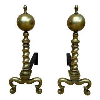 18th American Chippendale Style Brass Cannonball Andiron Firedog with Log Stops For Sale