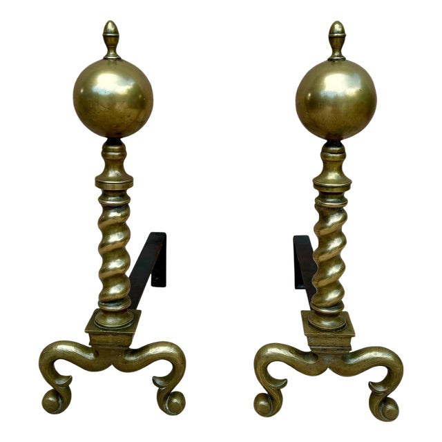 18th American Chippendale Style Brass Cannonball Andiron Firedog with Log Stops For Sale