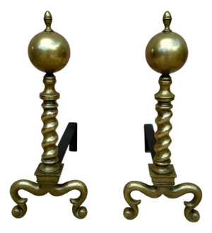 18th American Chippendale Style Brass Cannonball Andiron Firedog with Log Stops