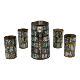 1950s Alfredo Villasana Taxco Brass & Abalone Pitcher and Tumblers - Set of 5 For Sale