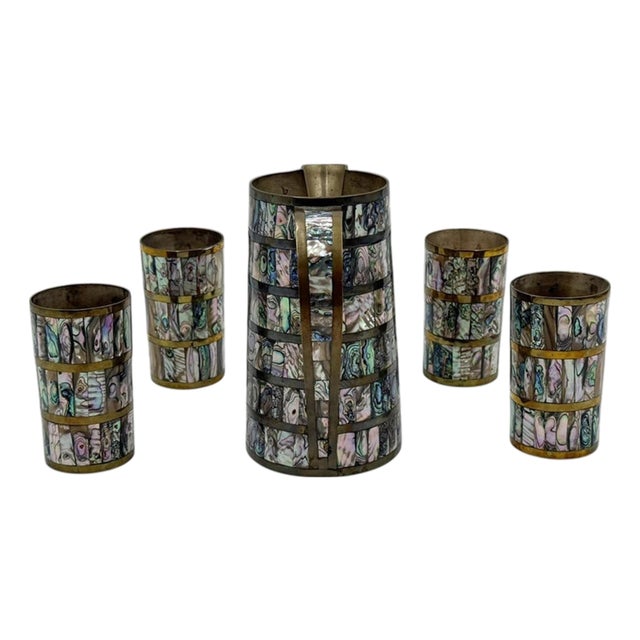 1950s Alfredo Villasana Taxco Brass & Abalone Pitcher and Tumblers - Set of 5 For Sale