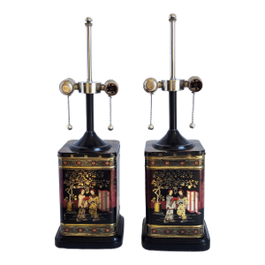Mid-Century Frederick Cooper Tole Tea Canister Chinoiserie Table Lamps-a Pair