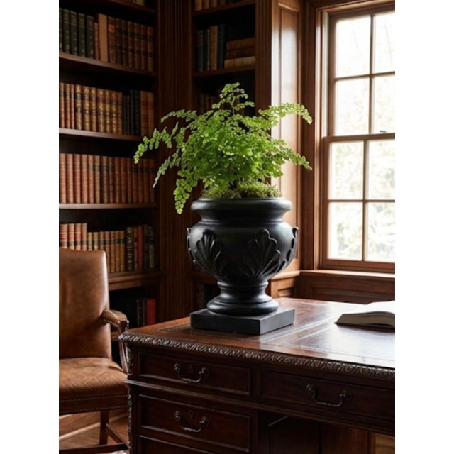 Vintage Hollywood Regency Style Black Resin Acanthus Leaf Cachepot Urn For Sale - Image 9 of 12