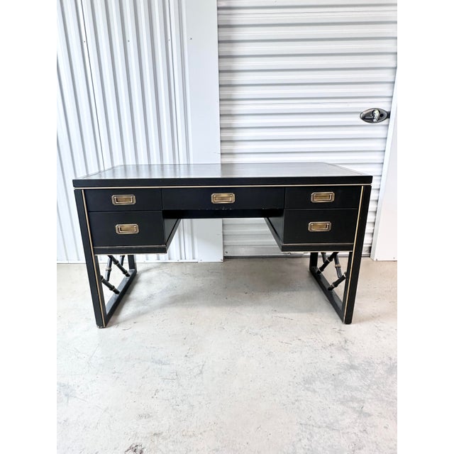Campaign Vintage Sligh Furniture Black Lacquer Campaign Desk With Gold-Tooled Leather Top & Faux Bamboo Base For Sale - Image 3 of 15