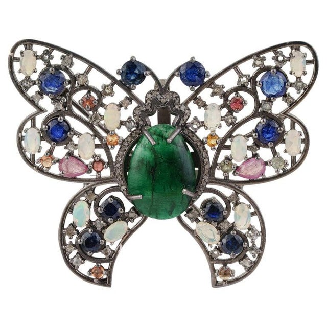 17.62 Carat Multi-Gemstone and Diamond Butterfly Brooch Pendant in Sterling Silver For Sale - Image 6 of 13
