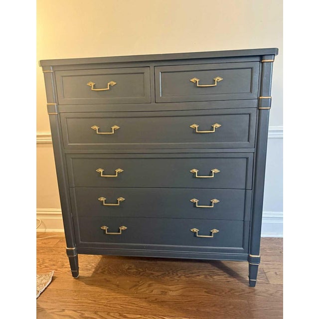 1950s Vintage “By Drexel” Solid Wood Highboy Dresser | Charcoal Blue & Gold For Sale - Image 5 of 8