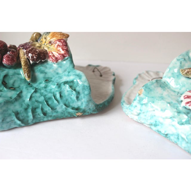 Italian Pair of Italian Ceramic Majolica Pottery, Grapes, Aqua Turquoise Blue Wall Pocket Vase Planters For Sale - Image 3 of 11