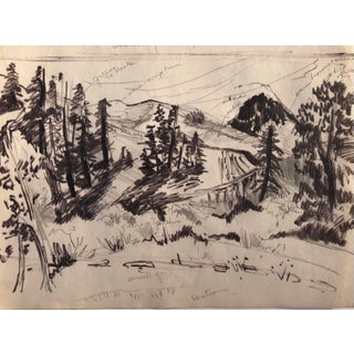 1950s Mountain Landscape Mixed-Media Drawing For Sale