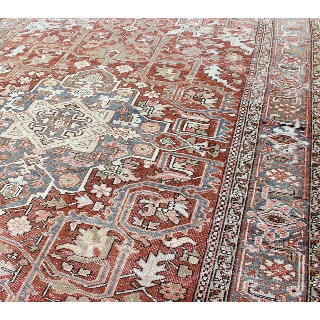 Persian Heriz With Geometric Medallion in Soft Red, Gray Blue With Soft Greens 7'6 X 10'8 For Sale In Atlanta - Image 6 of 13