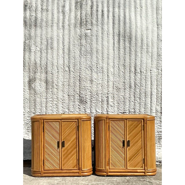 Wood Vintage Boho Chevron Pencil Reed Nightstands - A Pair For Sale - Image 7 of 12