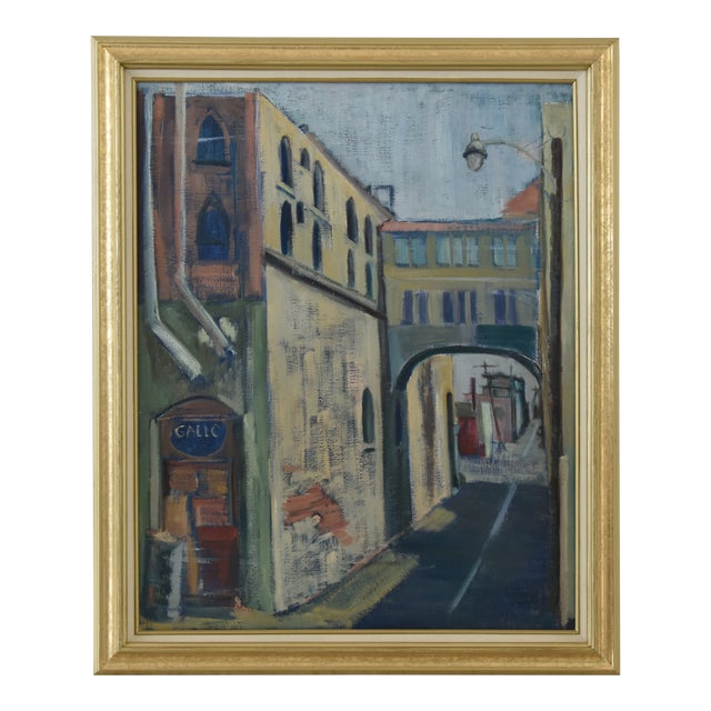 Midcentury Vintage European Village Street Oil Painting For Sale