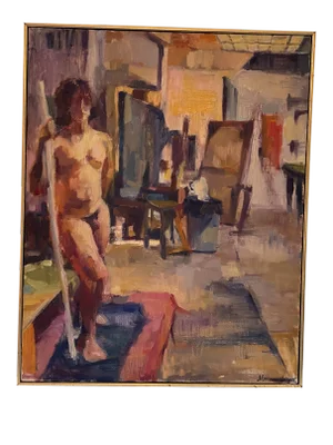 1993 "New York Studio" Expressionist Figurative Interior Scene Oil Painting by Marianne Gargour, Framed